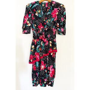 Vtg 80s Choon California USA Dress Women 6 Black Floral Print Peplum Cotton